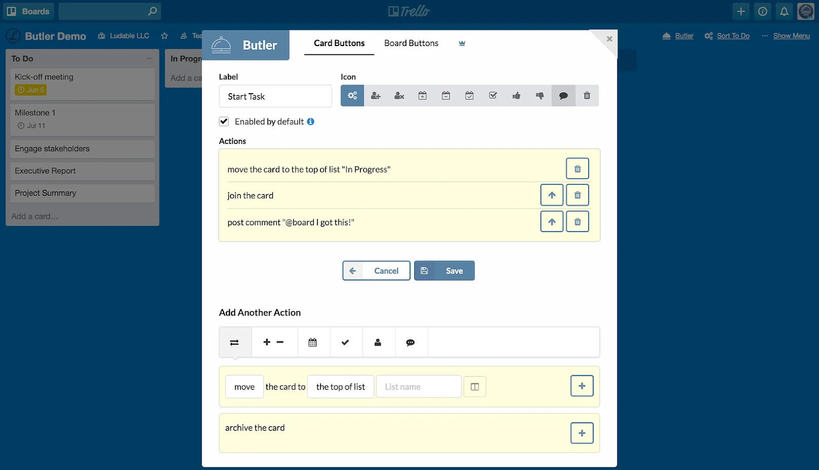 Trello Butler card-button automation with move, join and comment actions