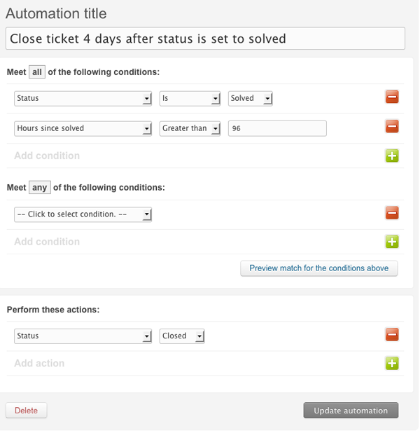 Zendesk automation rule that closes a ticket four days after it is solved