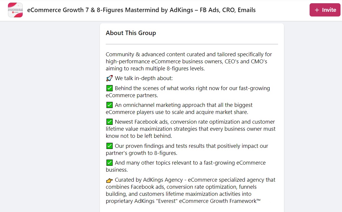 Description of the AdKings Facebook group outlining their target audience