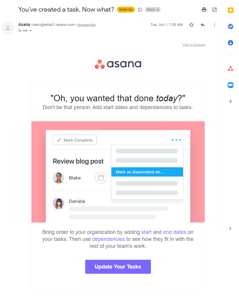 Email onboarding sequence from Asana