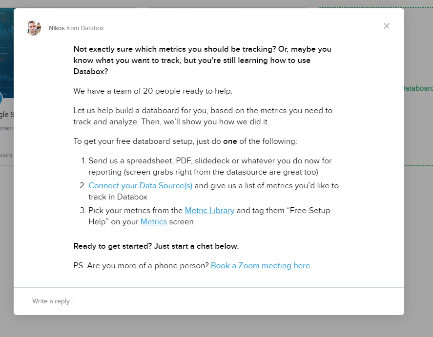 Databox offer to build a dashboard for us, or book a one-on-one meeting