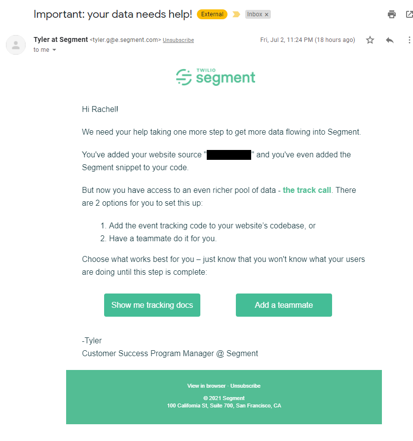 Segment onboarding email