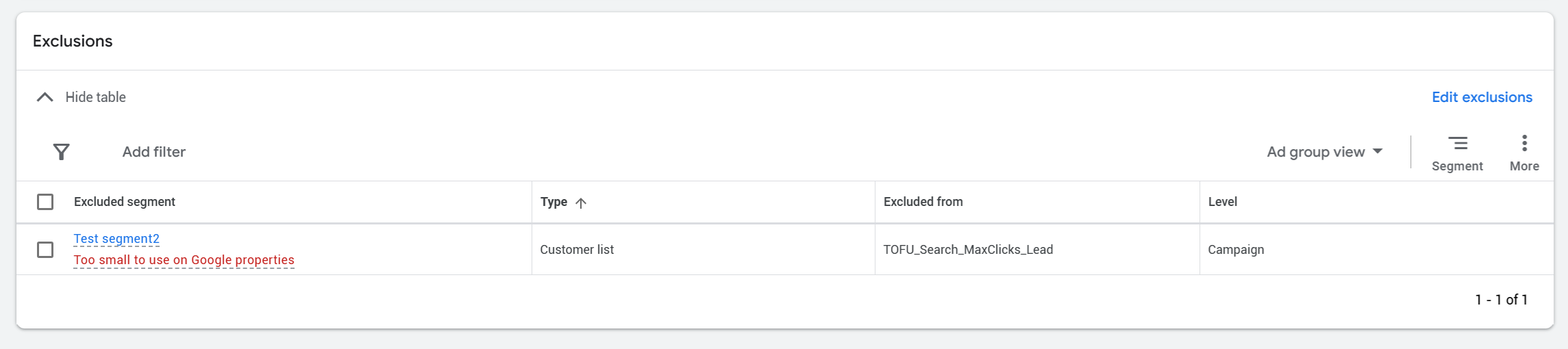 Google ads UI showing the excluded audience segment