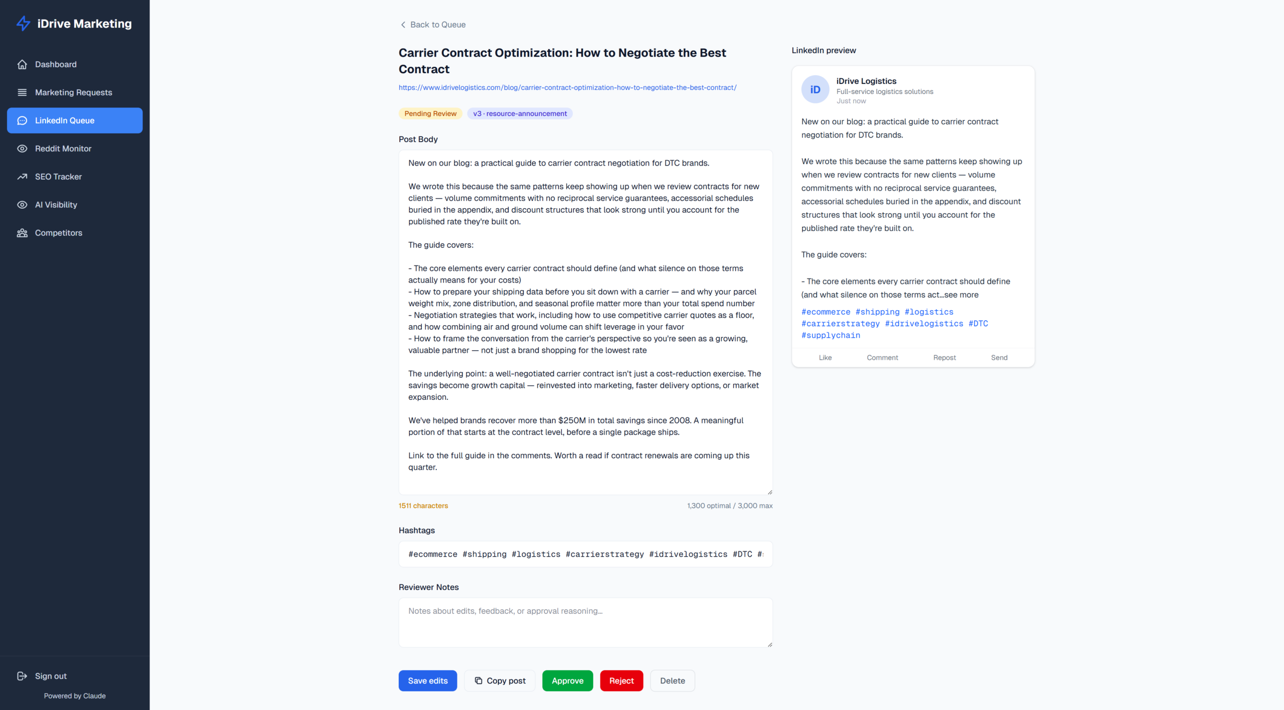 Draft detail — full post body with LinkedIn preview, hashtag block, Reviewer Notes field, and Save edits / Copy / Approve / Reject / Delete actions.