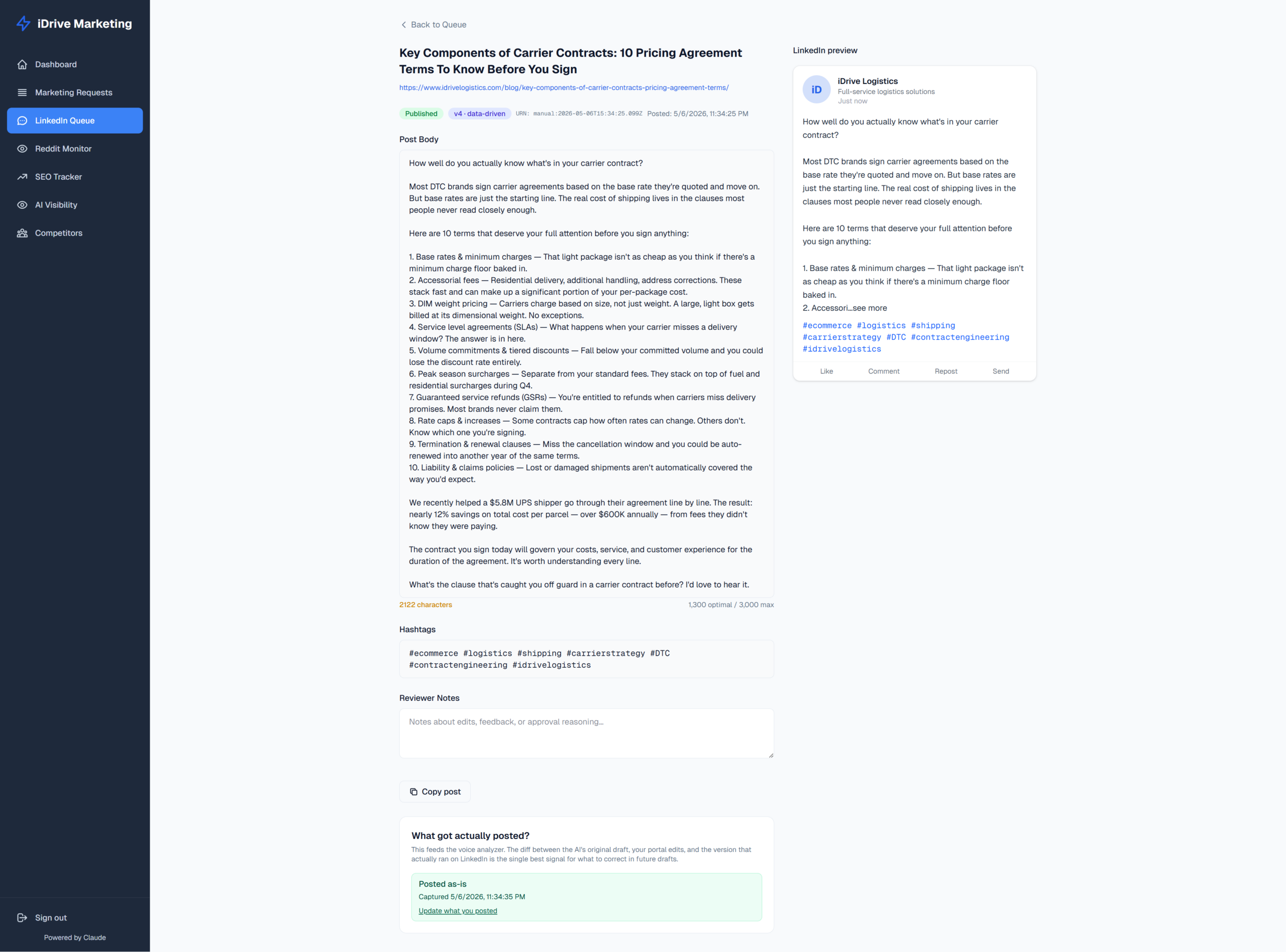 Published draft with the "What got actually posted?" panel — "Posted as-is" captured at the LinkedIn-final layer for voice-analyzer training.