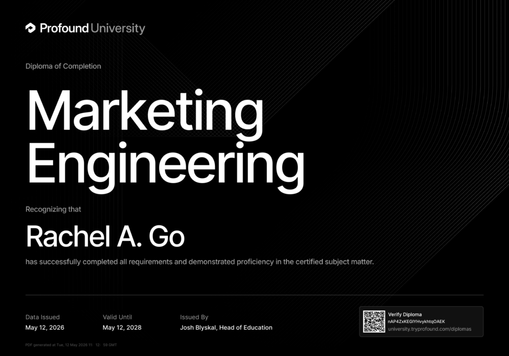 Profound University Marketing Engineering certification — Rachel Andrea Go, May 2026